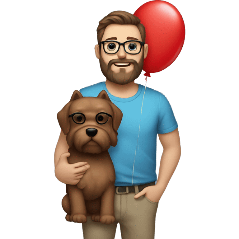 Heavy caucasian young dad, with a big brown beard and black rectangle glasses and brown hair he’s holding a red balloon animal shaped like a dog emoji