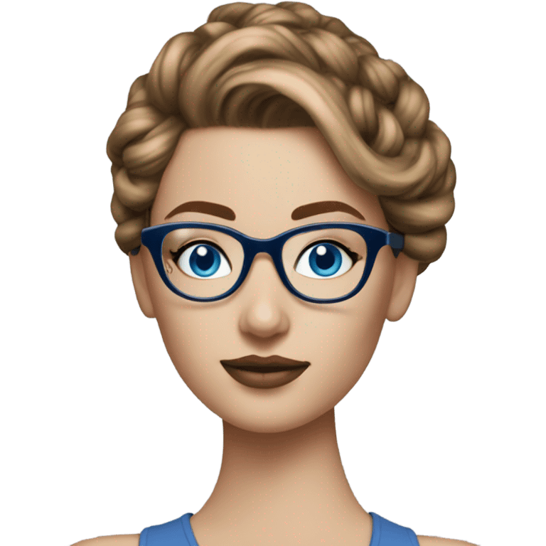 Hyper Realistic fashion model with brown updo, glasses and blue eyes  emoji