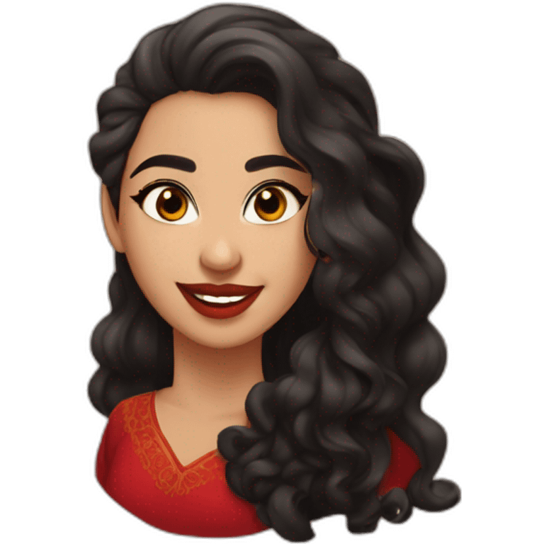 young moroccan woman with dark brown eyes, winking with one eye, smiling, dark long curling hair, red lips, black dress emoji