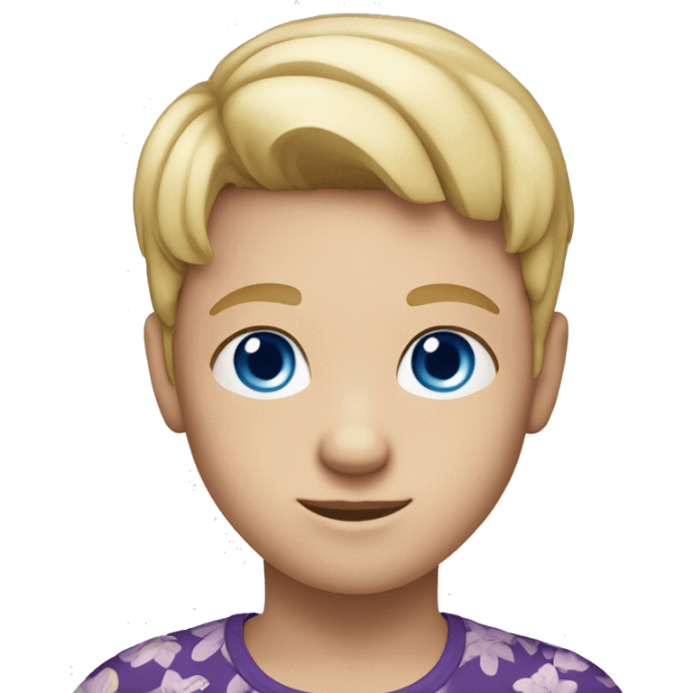 Kid with blue eyes and blonde hair wearing a purple flower shirt and is white skinned emoji