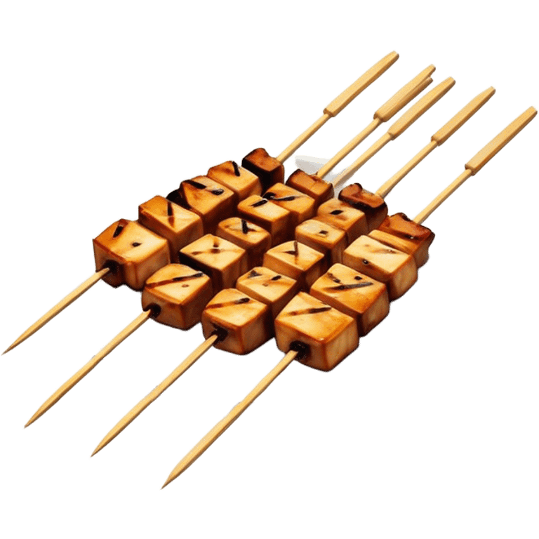 Cinematic Realistic Yakitori Dish Emoji, depicted as skewered, grilled chicken pieces with a charred finish rendered with crisp textures and appetizing, natural lighting. emoji