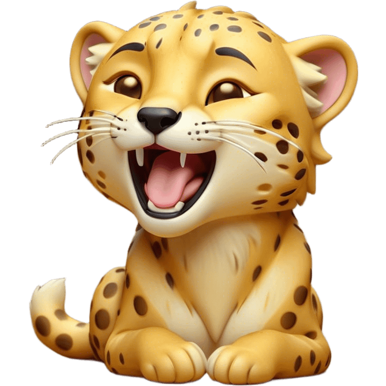 Cinematic Cute Yawning Cheetah Portrait Emoji, Head tilted slightly with a dramatic, wide-open yawn, showcasing a soft, sleek golden Fur with distinctive spots and floppy ears slightly drooping, round amber eyes barely open in drowsy contentment, Simplified yet irresistibly adorable features, highly detailed, glowing with a soft, cozy glow, high shine, relaxed yet expressive, stylized with a touch of savannah whimsy, bright and endearing, soft glowing outline, capturing the essence of a sleepy yet affectionate cheetah, so drowsy it feels like it could stretch right out of the screen and curl up for a nap! emoji