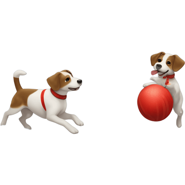 Two parson Russells playing with a red striped ball in the snow emoji