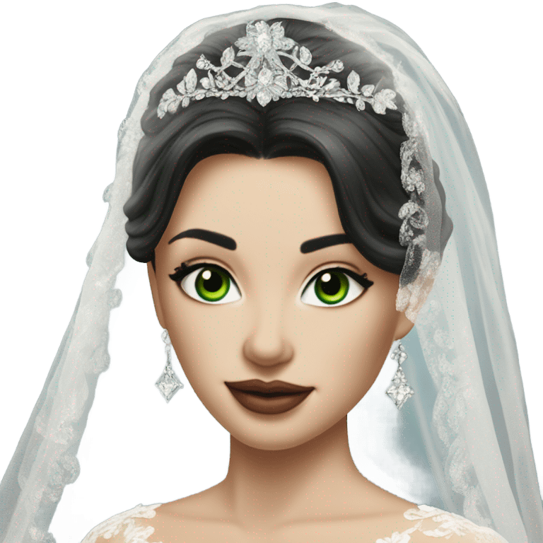 Hyper Realistic ornate ballgown long sleeve Wedding dress with diamanté on Russian bride with pale skin and green eyes and long black hair with veil and diamond jewelry hyper realistic  emoji