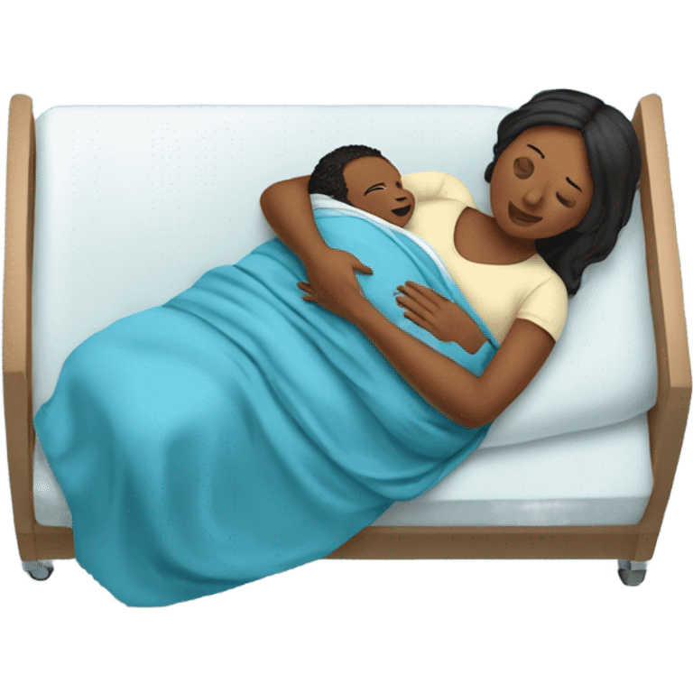 pregnant women holding her newborn baby in a blue swaddle blanket and she in laying down on a hospital bed emoji