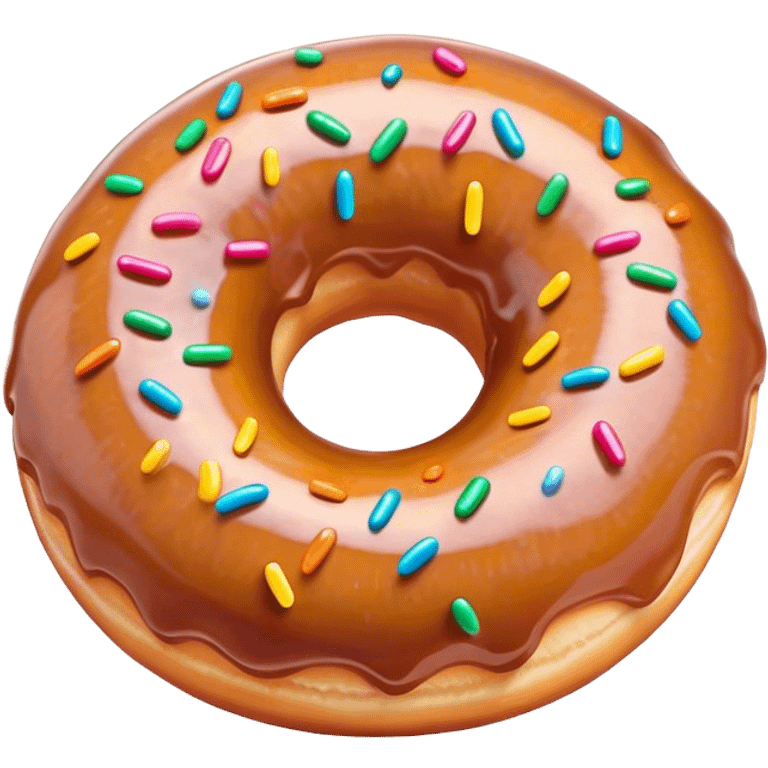 Cinematic Realistic Donut Dessert Emoji, depicted as a fluffy glazed donut with colorful sprinkles rendered with detailed textures and playful, warm lighting. emoji