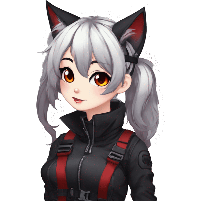 Gorgeous gothic dark techwear anime style anthro cat furry sona with blushing face aesthetic and pretty edgy black red punk messy ponytail hair with collar and harness trending style emoji