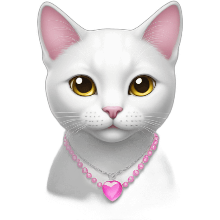 white cat with a pink necklace that says (woni) emoji