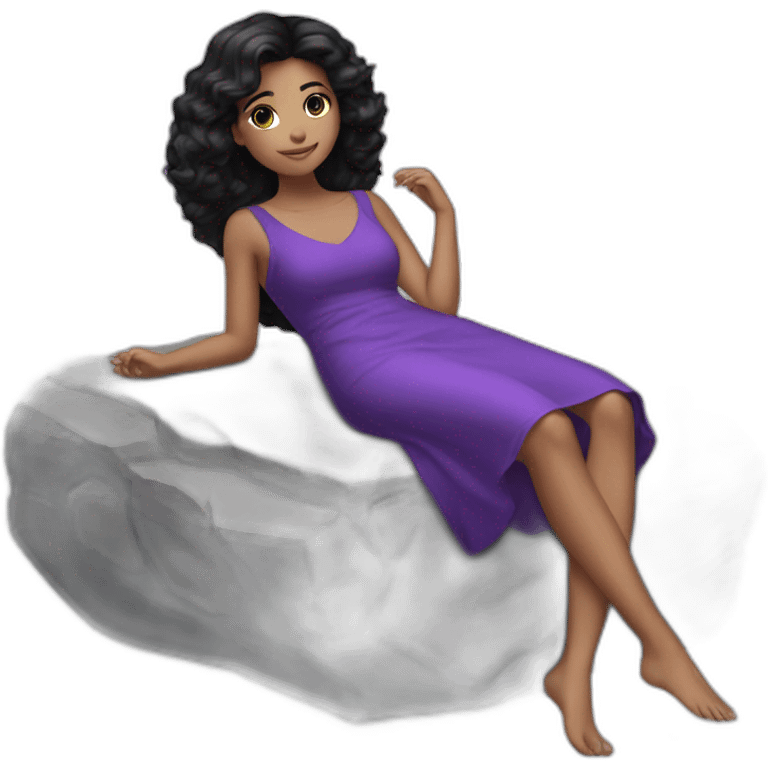 a girl black hair laying back on stone with purple dress emoji