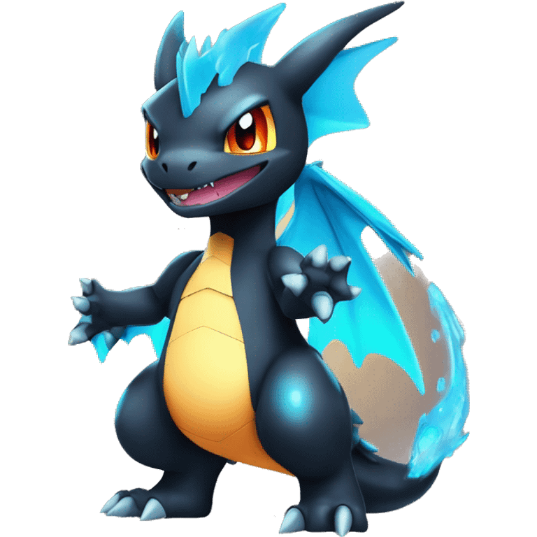 Black shiny chibi Mega-Charizard-X-Raptor-Fakémon with nebula-gradient colors full body emoji