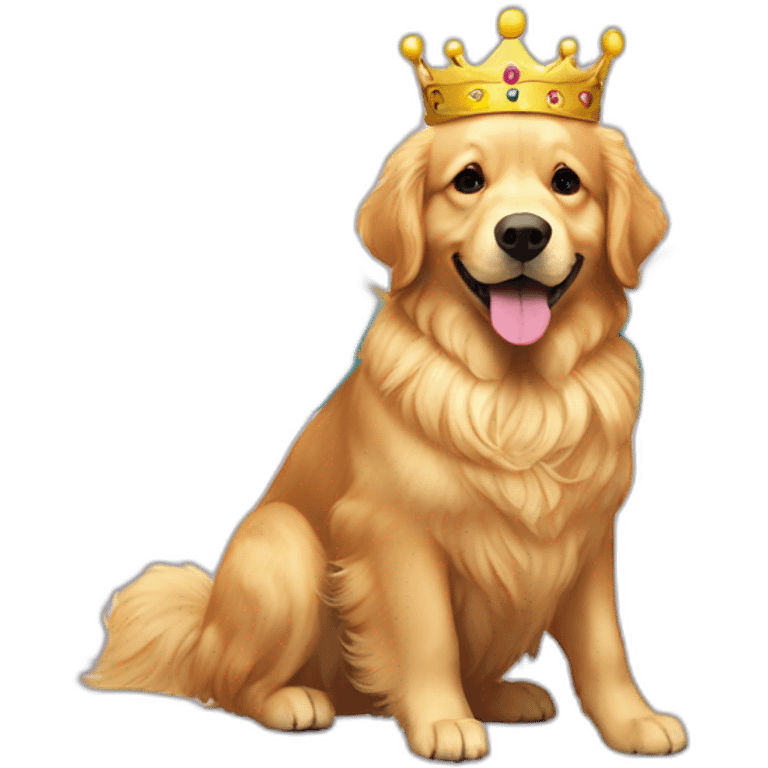 Golden retriever flying wearing a rainbow cape and a golden crown emoji