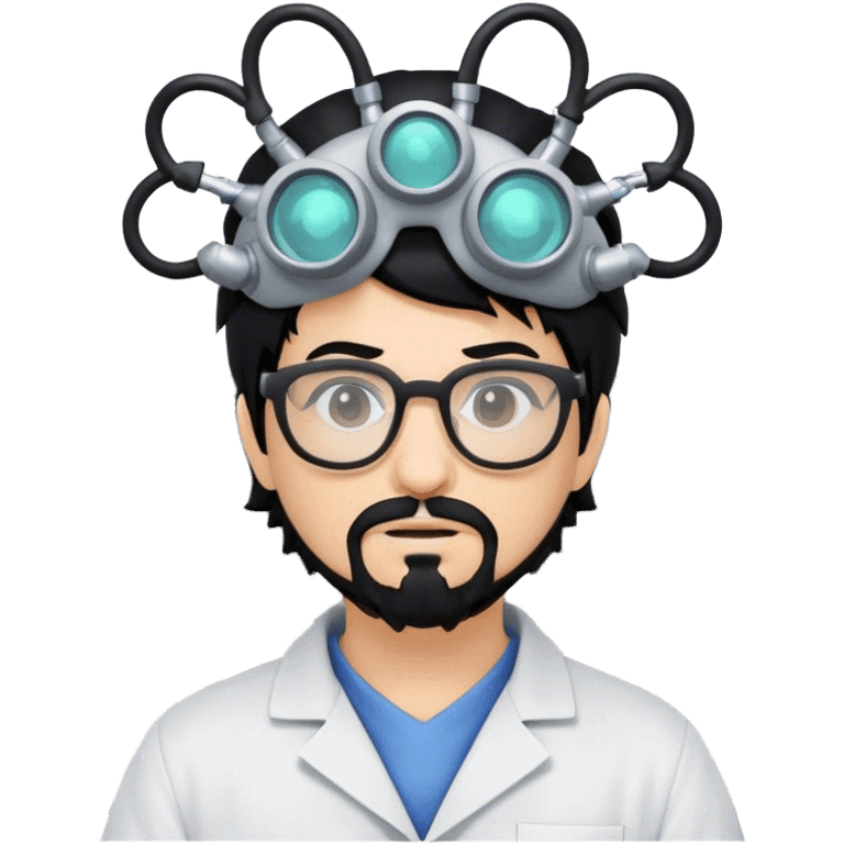 Mad scientist with black hair and goatee and glasses named Omni with headgear on and a computer emoji