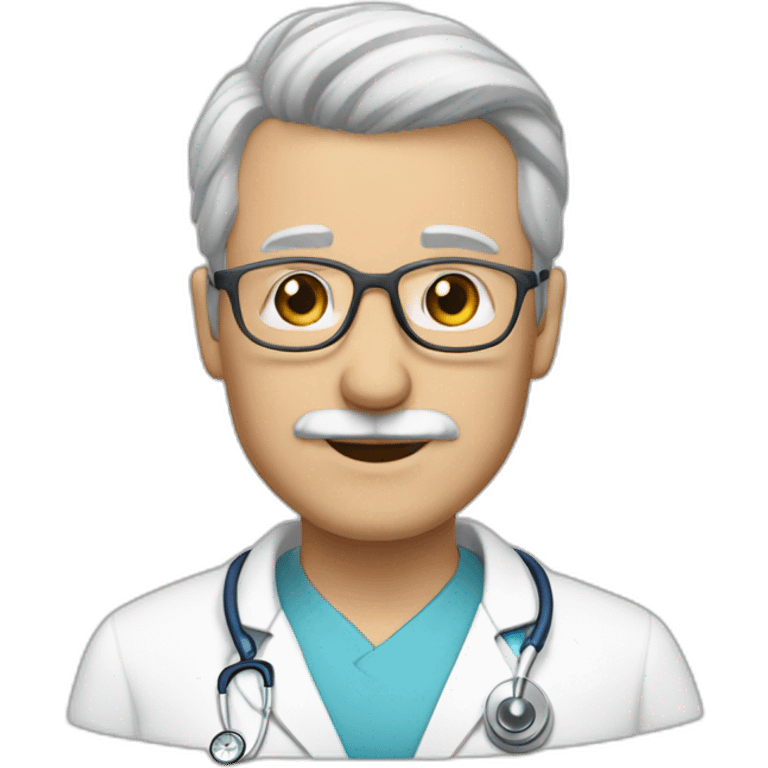 a white doctor with gray hair on the sides. bald in the middle, with glasses and a mustache and blue eyes emoji