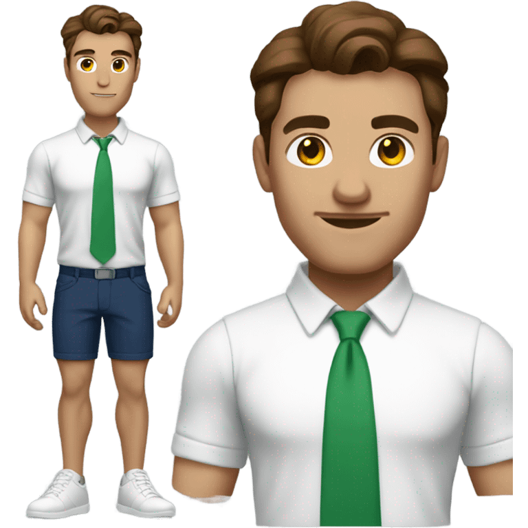 Tall, strong man, brown hair, green shoes, white skin wearing a white blouse and dark blue shorts emoji