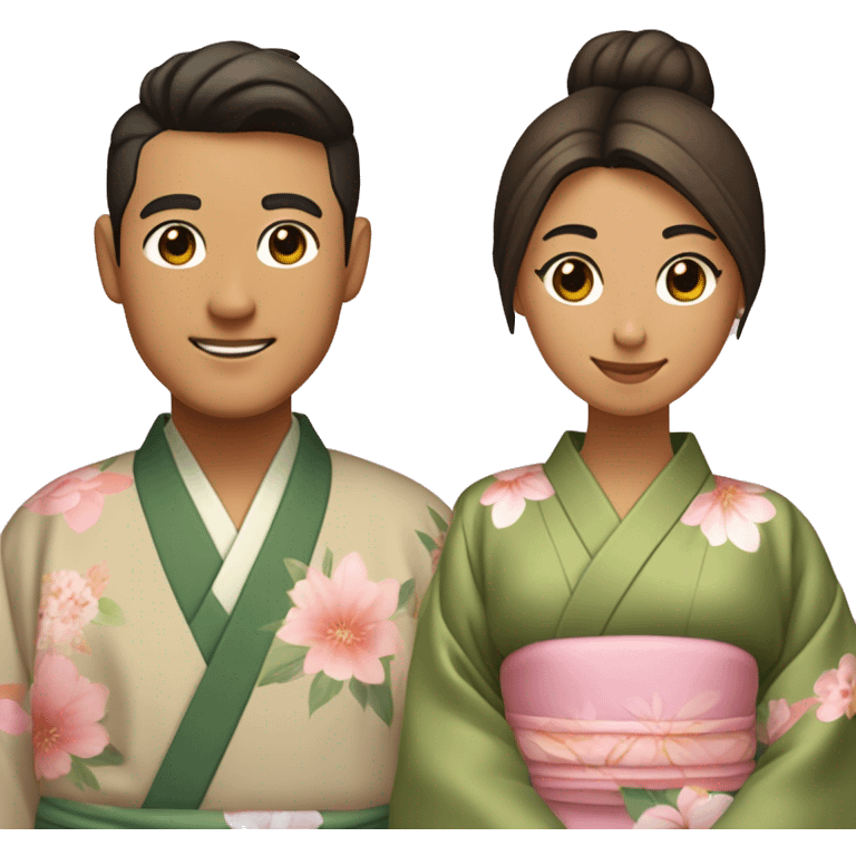 asian couple - medium skin man with center split slightly wavy hair wearing kimono with olive green inside and brown outside, light medium skin woman with a low bun and flowers in her hair wearing light pink kimono with pastel florals of different colors emoji