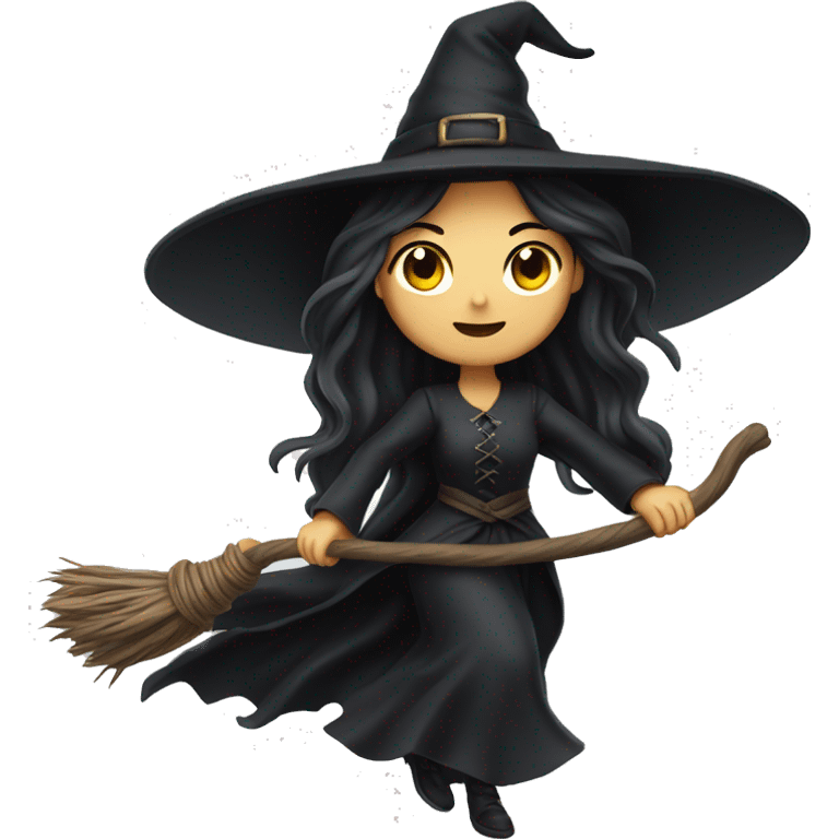 dark long hair witch flying on a broom white skin emoji