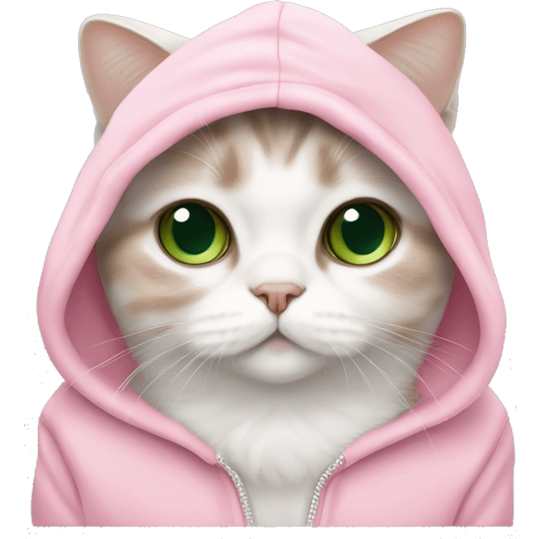 scottish fold cat lop ears green eyes white fur in pink hoodie emoji