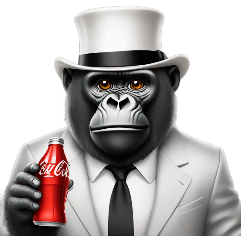 Gorilla wearing Coca Cola suit with coke top hat drinking coke emoji