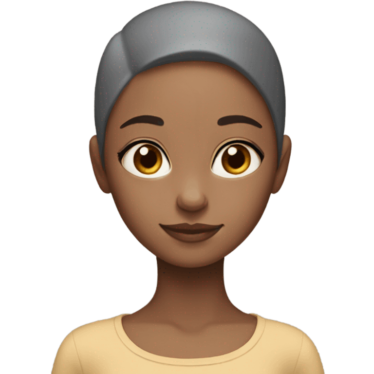 A girl with no hair and brown skin with a grey cat emoji