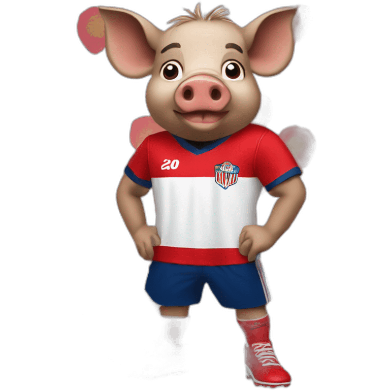 Wild pig wearing a Mexican soccer team (chivas)T-shirt and big red shoes emoji