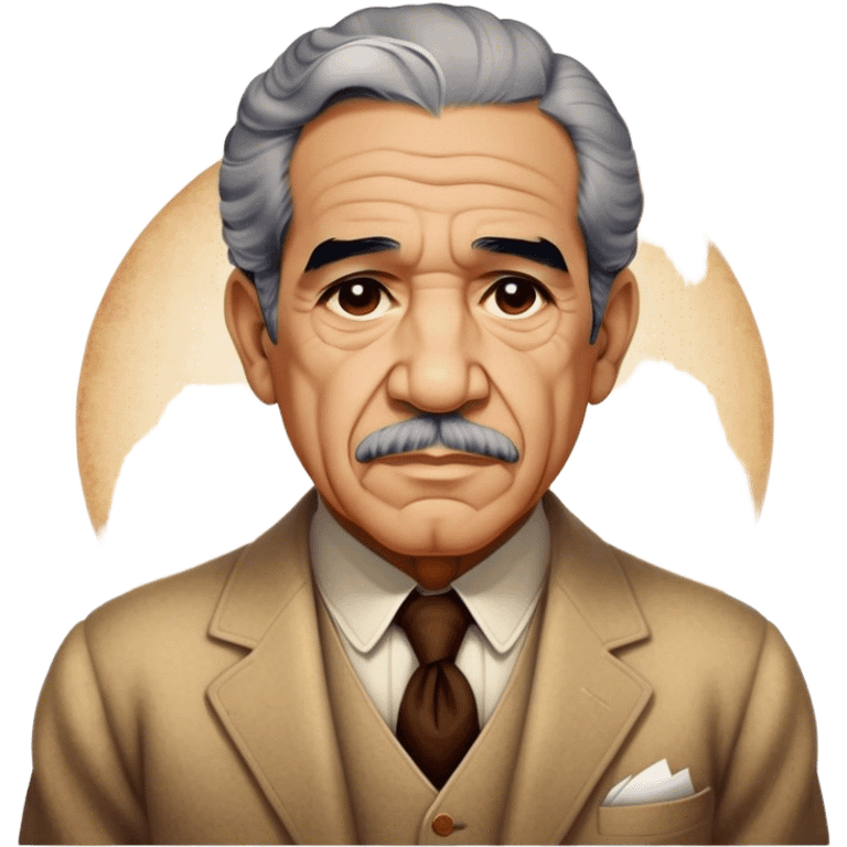 Cinematic Realistic Gabriel García Márquez Portrait Emoji, depicted as a visionary writer with a contemplative gaze in period attire, rendered with rich textures and warm literary lighting that captures his magical realism legacy. emoji