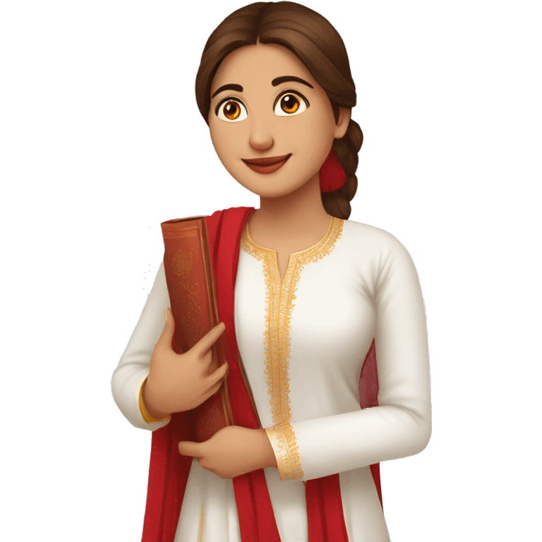 A modern women wearing white kurti  red dupatta and book in hand emoji