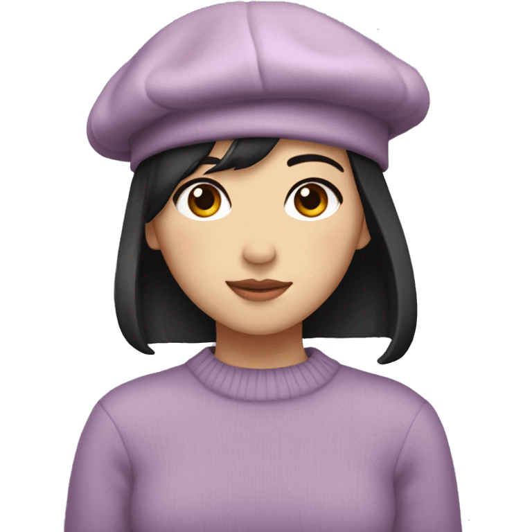 korean girl short black hair sharp jawline, attractive wearing a lilac sweater and beret emoji