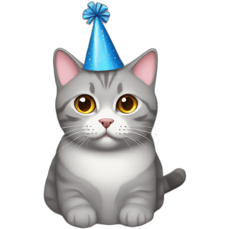 Grey British short cat wearing a party hat emoji