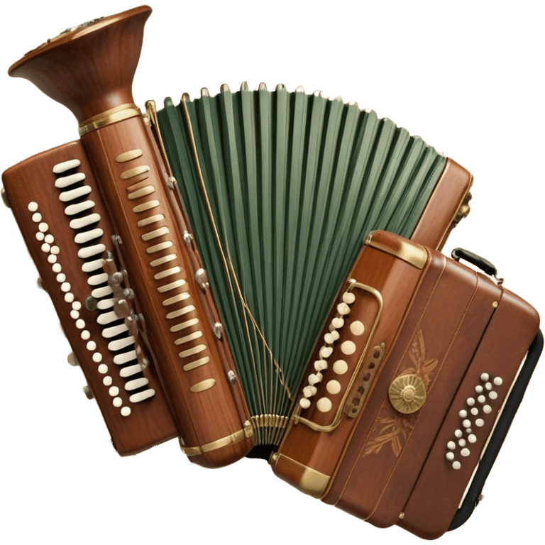 Create a colorful and cultural humanless emoji representing folk singing. The design should feature a collage of traditional folk instruments, such as a wooden flute (dudka), a button accordion (harmon), a set of gusli, and a tambourine (buben), all arranged in a harmonious, flowing design around a vintage microphone. The instruments should have earthy, natural tones like wood browns, brass accents, and vibrant colors reflecting their folk origins. Add subtle musical notes to tie the elements together, symbolizing the power of folk music. The background should be transparent. emoji