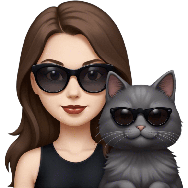 White woman with long brown hair wearing dark sunglasses and a black dress. She is smirking. next to her is a fluffy grey cat who is also wearing dark sunglasses emoji