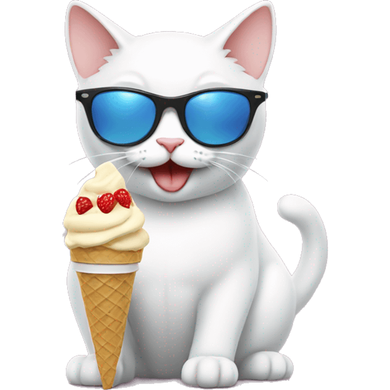 White cat eating ice cream wearing sunglasses emoji