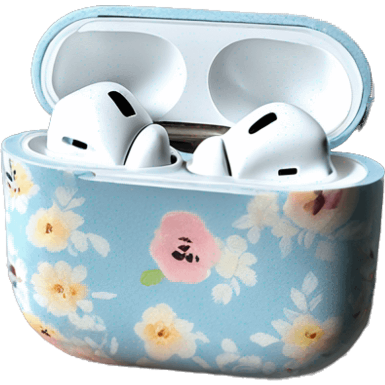 AirPods Pro in floral case with white and pastel blue roses pattern on the case emoji