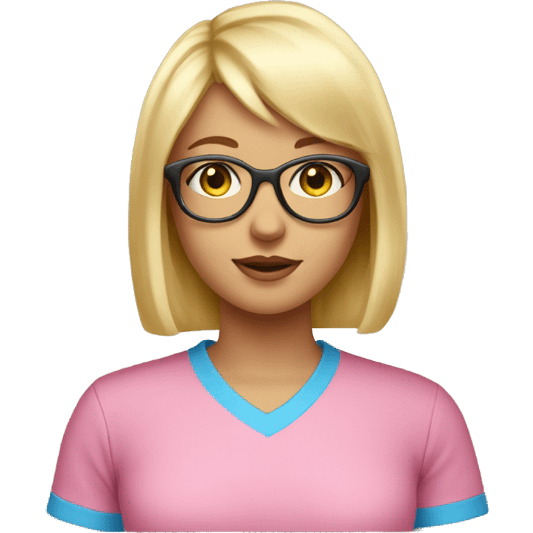 Blond girl, short hair, bangs, blue eyes, pink t shirt, golden glasses emoji