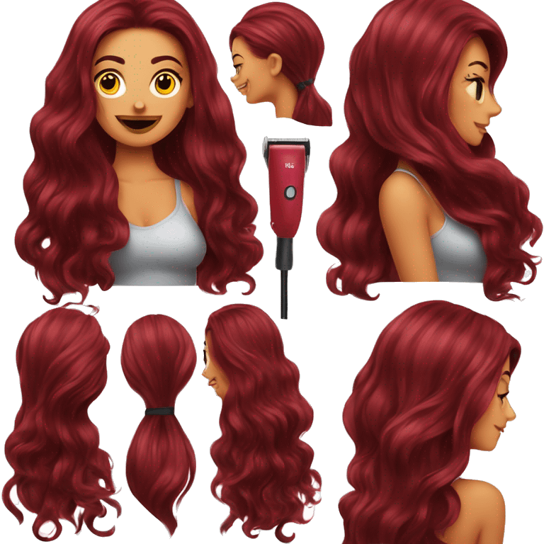 Beautiful tattooed  burgundy long haired woman blow drying her hair emoji