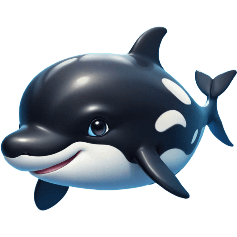 Cinematic Cute orca Portrait Emoji, Head tilted playfully and inquisitively, featuring a smoothly rounded body with bright, sparkling eyes and an adorable, friendly smile, Simplified yet irresistibly adorable features, highly detailed, glowing with a warm, ocean-blue glow, high shine, affectionate and lively, stylized with a touch of whimsical aquatic charm, soft glowing outline, capturing the essence of a mischievous yet endearing orca that seems as if it could leap right into your heart! emoji