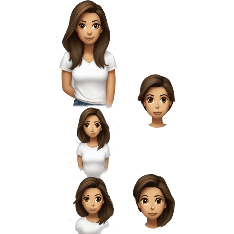 3/4 face, contrasted, shadow, light, Eva Longoria expression, standing, thin nose, brunette woman, hazel eyes, long eyelashes, dark shoulder shaded hair, white t-shirt, jeans, white sneakers emoji