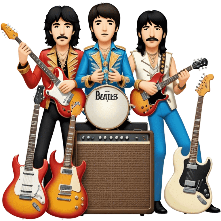 Rock music icon: dynamic collage of global rock legends like The Beatles, Jimi Hendrix, Elvis Presley, Led Zeppelin, Queen, and Nirvana, surrounded by guitars, amplifiers, and stage lights. Symbolizing the energy and power of rock music. Transparent background. emoji