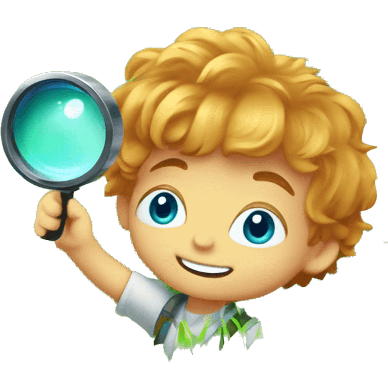 Little boy with blue/turquoise eyes, no glasses, and strawberryblonde wavy hair crouching down low in a lot of green grass. He is holding a magnifying glass, closely examining nature and looking happy/curious emoji