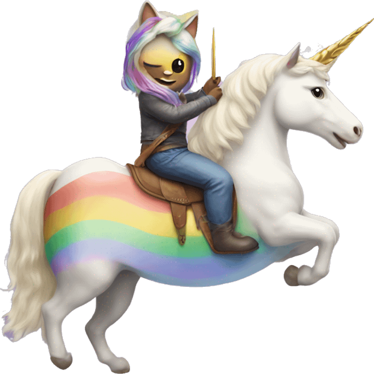 Cat riding a unicorn with rainbows emoji