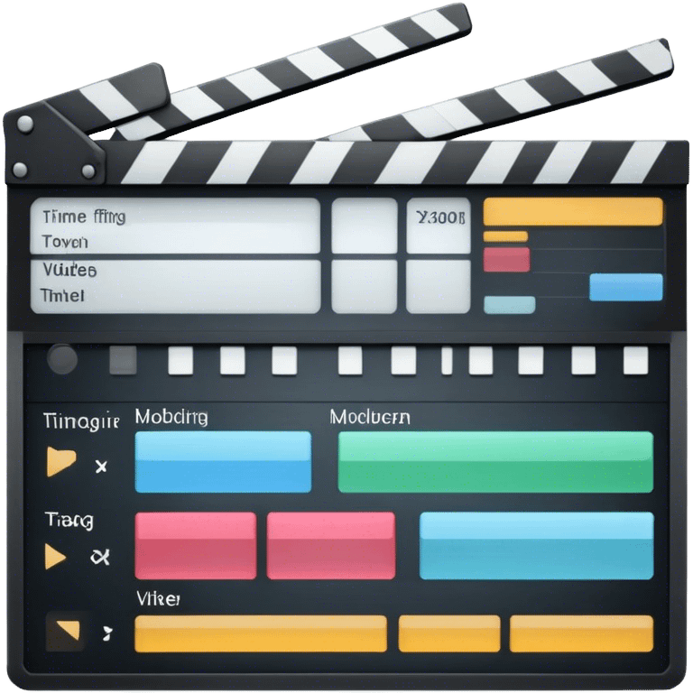 Create an emoji representing video editing. The design should feature a video editing software interface with a visible timeline, video clips, and audio tracks. Include elements like a film strip or a clapperboard to represent the filmmaking aspect. No smiley faces. Make the background transparent. emoji