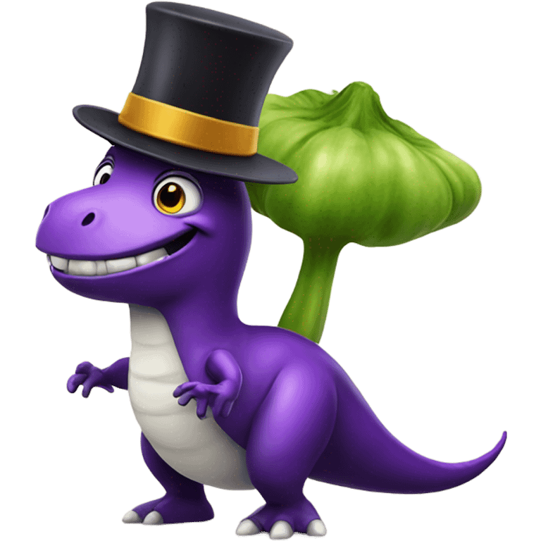 Smiling eggplant with a top hat and riding a dinosaur emoji