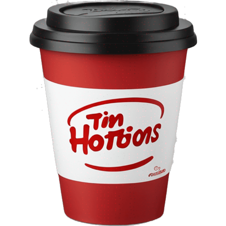 “Red Tim Hortons coffee cup with large white ‘Tim Hortons’ logo in script, black plastic lid, and a simple, clean design.” emoji