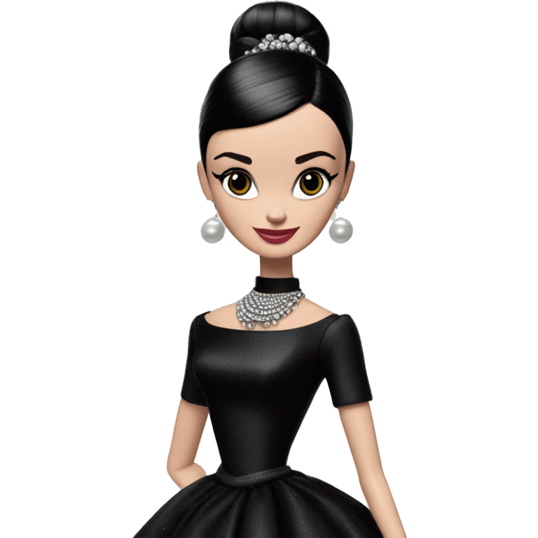 Audrey Hepburn as Sabrina Barbie.Wednesday Addams. Show full body wearing Embroidered long black gown jewelry gloves pearl earrings  emoji