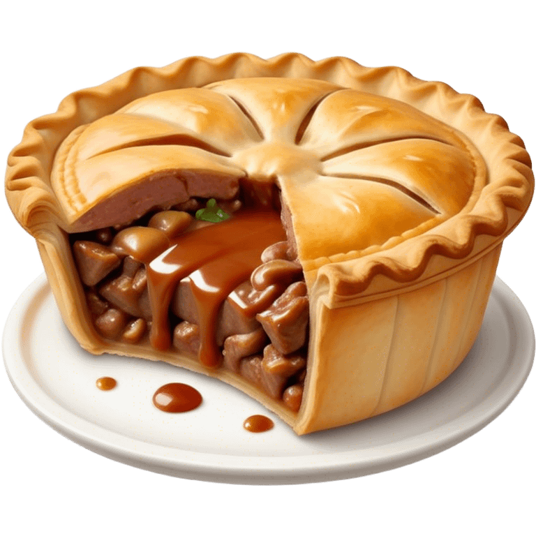 Cinematic Realistic Meat Pie Dish Emoji, showcasing a flaky pastry filled with rich, hearty meat gravy, rendered with lifelike detail and warm, inviting lighting. emoji