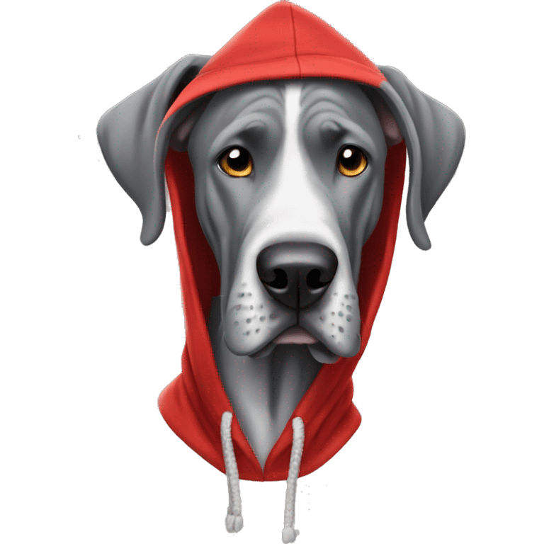 Grey Great Dane wearing a red hoodie emoji