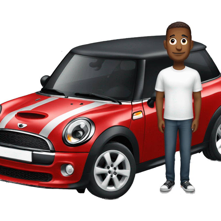 Red mini cooper with a short Guy stand aside  emoji