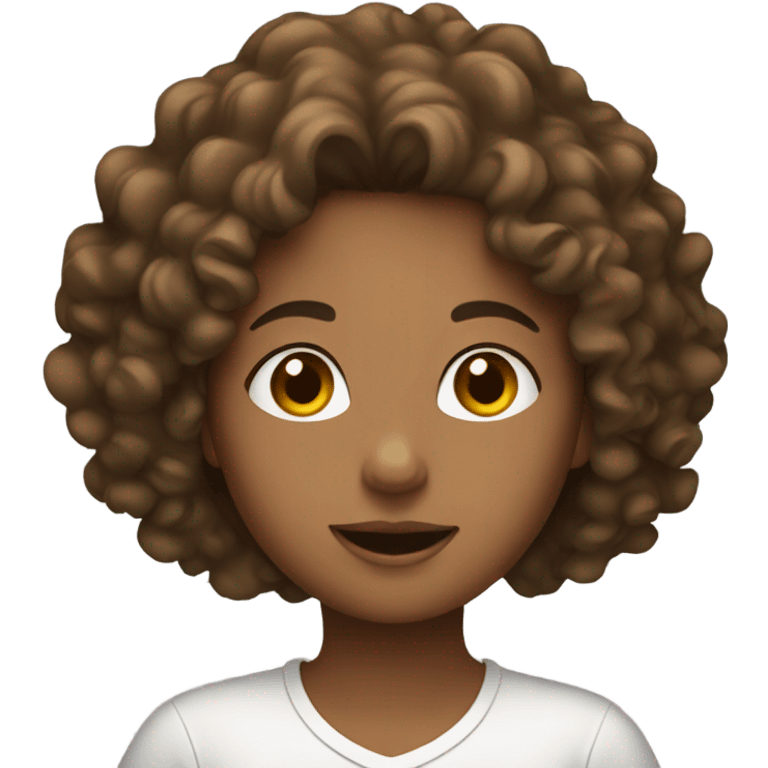 A girl with curly brown hair using her laptop emoji