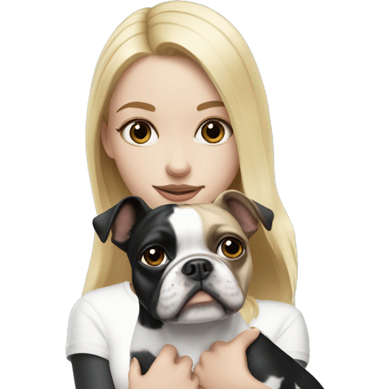 Blonde girl with blue eye holding black and white boston terrier emoji