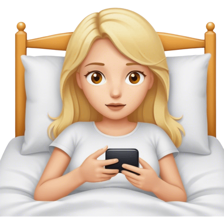 chica blanca, rubia, ojos color miel, usando el celular en la cama  emoji