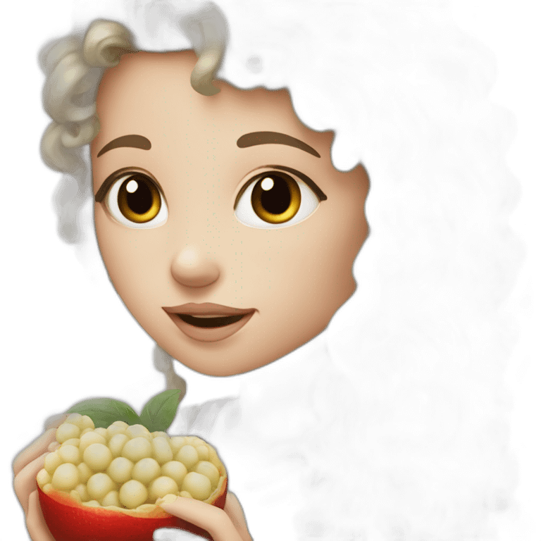 White Girl with long curly black hair eating lichi emoji